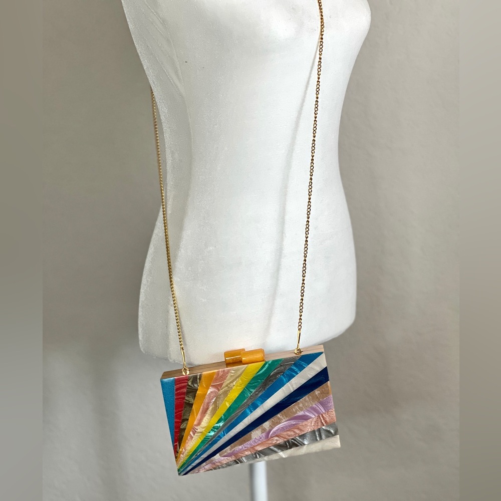Wood Acrylic Inlay Box Purse Clutch Rainbow Sunburst Design Gold Chain Strap - Picture 2 of 7